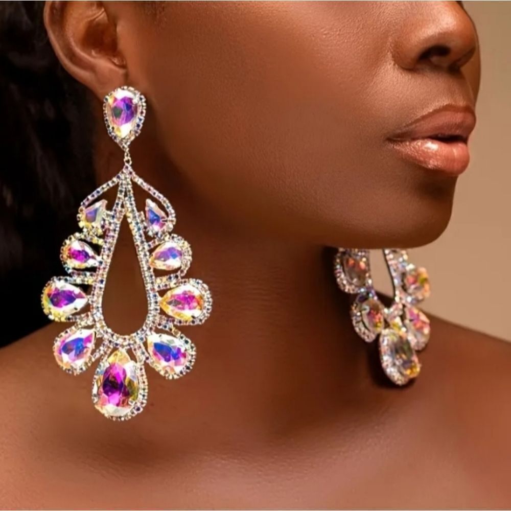 Ladies Exaggerated teardrop rhinestone earrings mirror pink - Picture 2 of 2